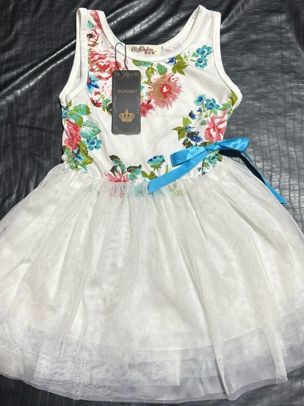 Floral White Tulle Party Dress with Blue Bow